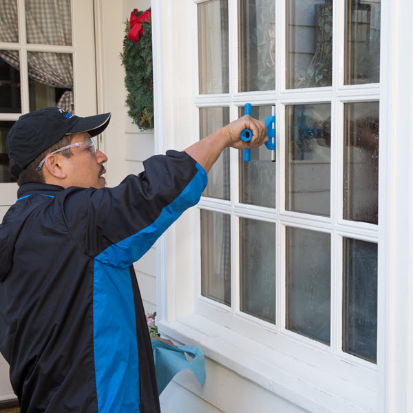 Technician cleaning interior window