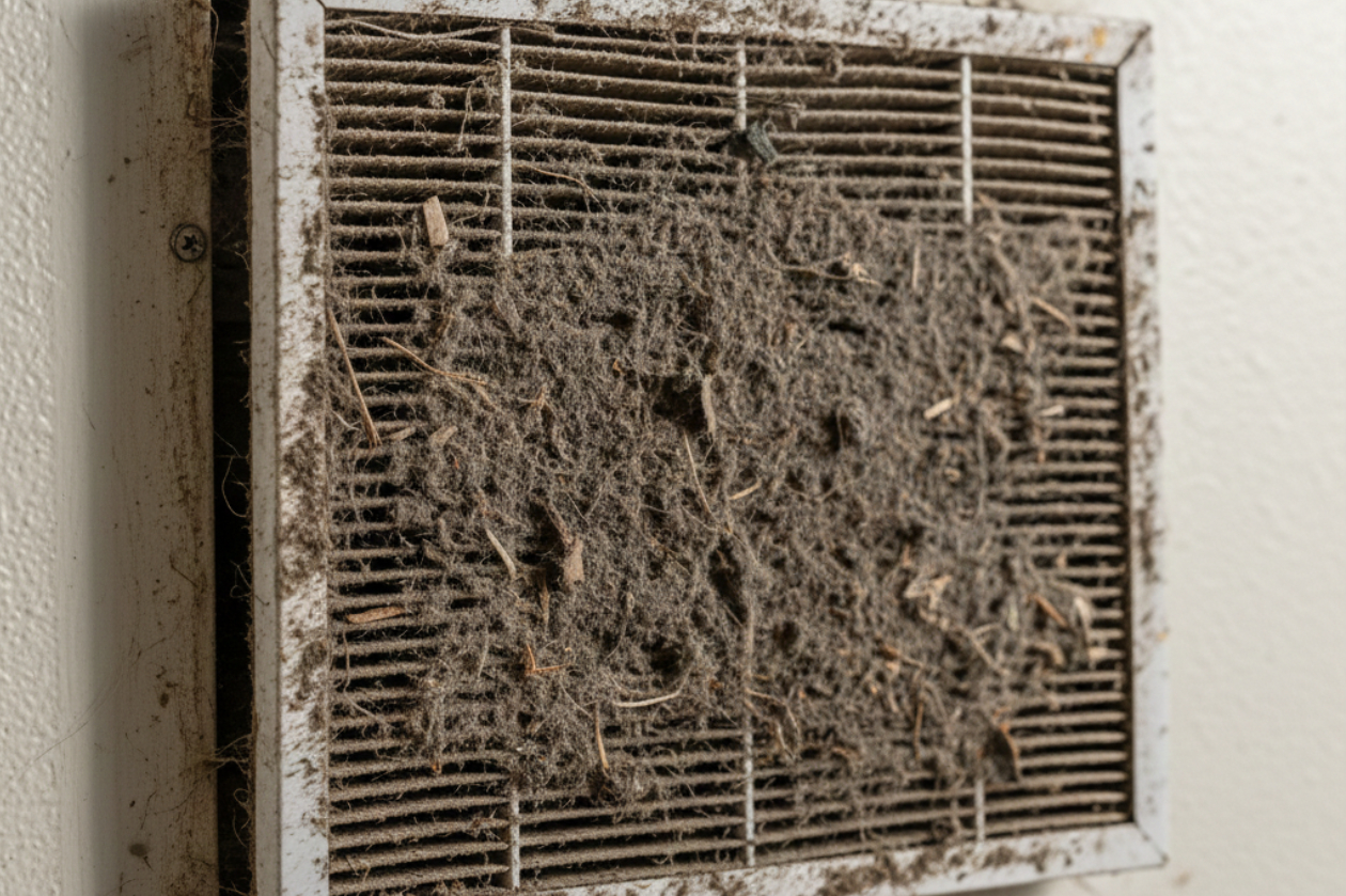 Gutter filled with leaves before professional cleaning