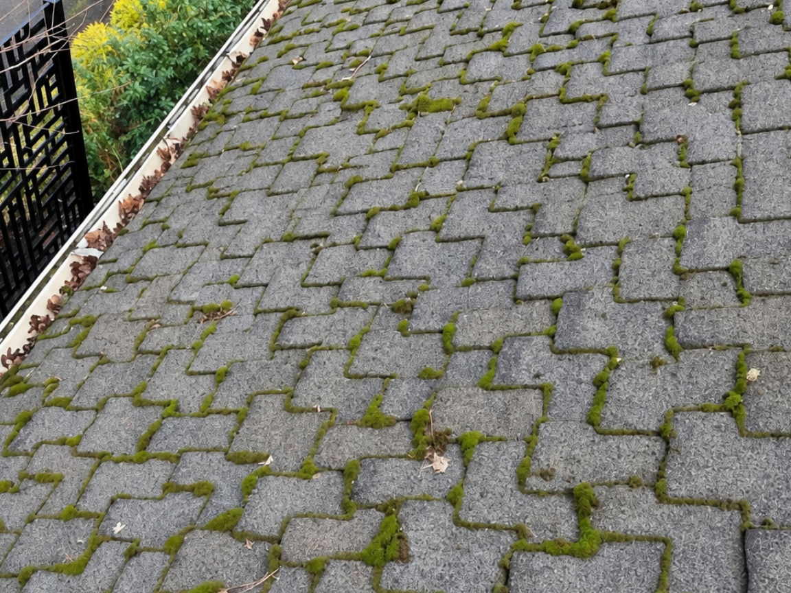Gutter filled with leaves before professional cleaning